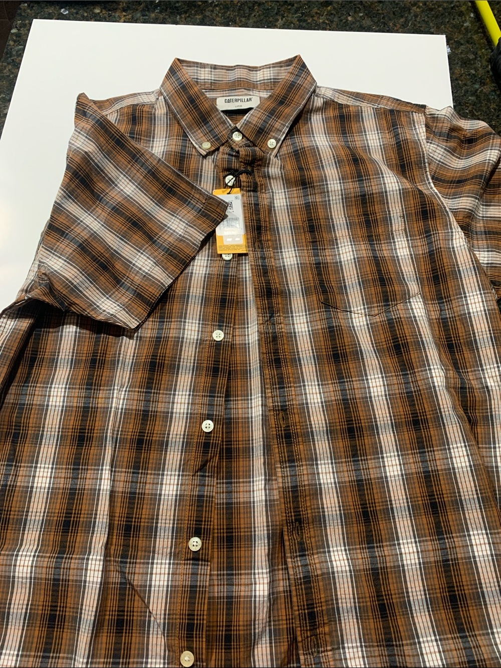 Caterpillar Men’s Brown and White Plaid Short-Sleeve Button-Down Shirt